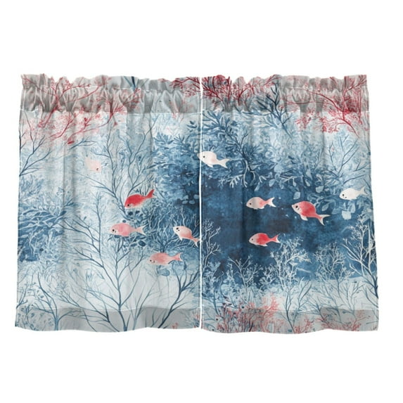 Watercolor Fish Pattern 27"x24" Linen Look Cafe Curtain Set with Privacy and UV Protection