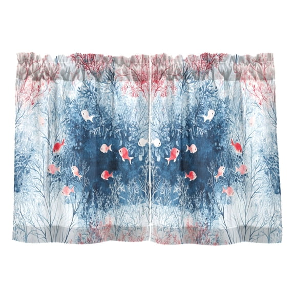 Watercolor Fish Pattern Kitchen Curtains Tier Set 27x24 Inch 2 Panels Semi Sheer Light Filtering Privacy UV Protection