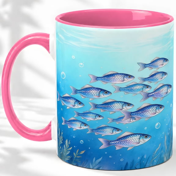 Watercolor Fish School Coffee Mug, Blue Fish Mug, Daily Coffee Tea Cup for Kitchen Office, Underwater Sardines Pattern with Bubbles and Sea Plants, Coastal Marine Art, Anglers Women Men