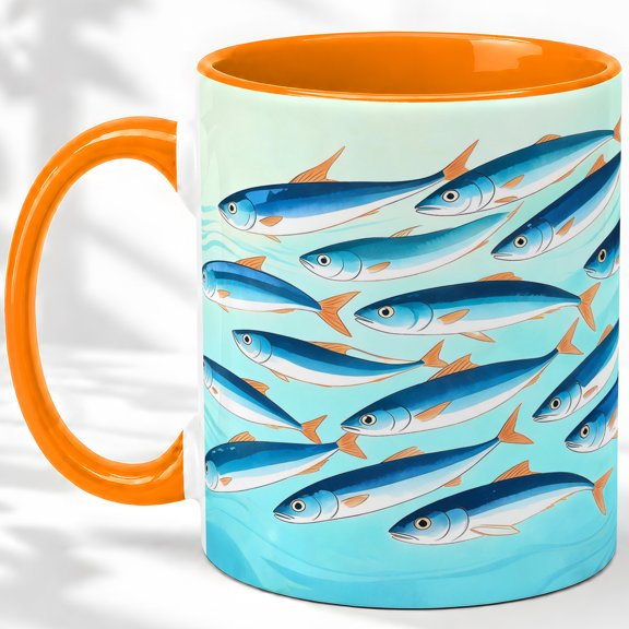 Watercolor Fish School Coffee Mug, Ocean Fish Mug, Daily Coffee Tea Cup for Kitchen Office, Blue Sardines Pattern with Orange Fins, Coastal Marine Decor Art, Anglers Women Men