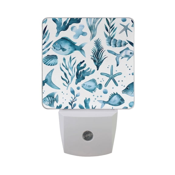Watercolor Fish Seaweed Starfish Night Light 2 Pack LED Nightlight Plug into Wall Dusk to Dawn Sensor Soft White