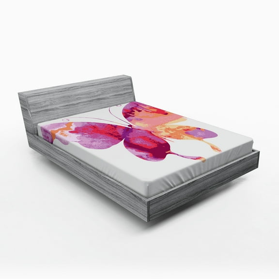 Watercolor Fitted Sheet, Aquarelle Butterfly in Vibrant Colors Wings Artwork, Soft Decorative Fabric Bedding, Queen Size, Fuchsia Salmon and Pink, by Ambesonne