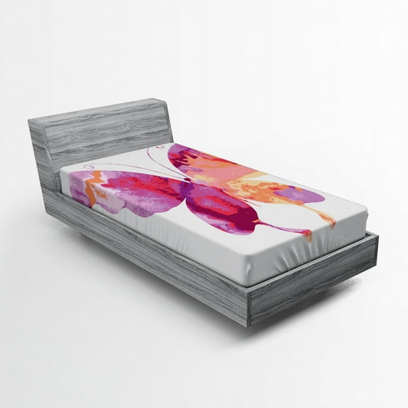 Watercolor Fitted Sheet, Aquarelle Butterfly in Vibrant Colors Wings Artwork, Soft Decorative Fabric Bedding, Twin XL Size, Fuchsia Salmon and Pink, by Ambesonne