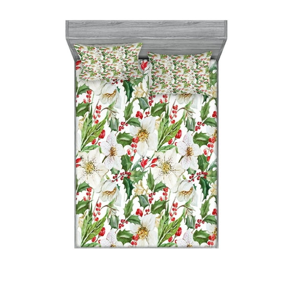 Watercolor Fitted Sheet & Pillow Sham Set, Christmas Themed Floral Poinsettia Berries Winter Inspirations Leaf, Decorative 6 Piece Bedding Decor Set, Queen, Vermilion Yellow Green, by Ambesonne
