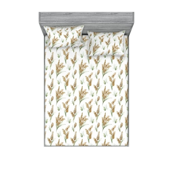 Watercolor Fitted Sheet & Pillow Sham Set, Exotic Dry Pampas Grass Foliage Print Botanical Illustration, Decorative Printed 3 Piece Bedding Decor, King, Pale Brown Green and White, by Ambesonne