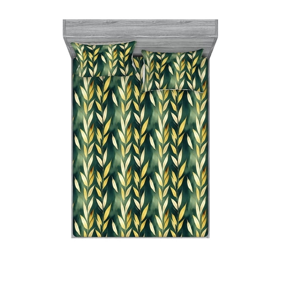 Watercolor Fitted Sheet & Pillow Sham Set, Falling Leaves of Autumn Season Misty Gradient Colored Backdrop, Decorative Printed 3 Piece Bedding Decor, Calking, Dark Teal and Pastel Yellow, by Ambesonne