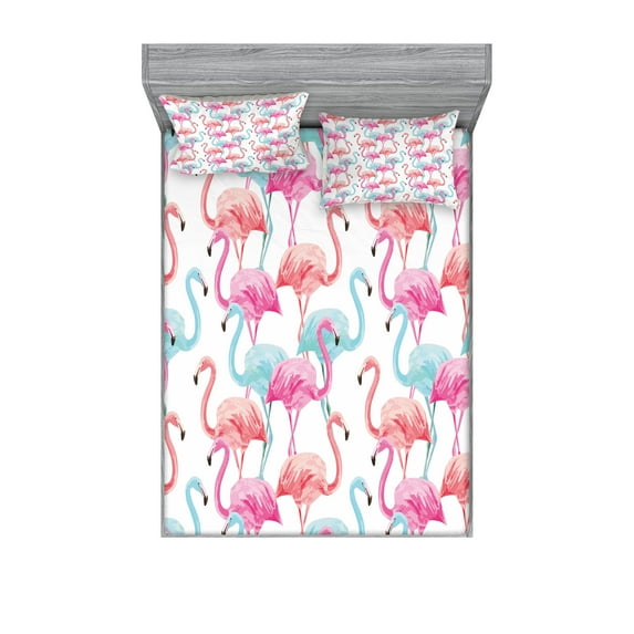 Watercolor Fitted Sheet & Pillow Sham Set, Flamingos in Many Colors Hand Drawn Bird Exotic Animals Illustration, Decorative Printed 6 Piece Bedding Decor Set, Full, Pale Blue Salmon Pink, by Ambesonne