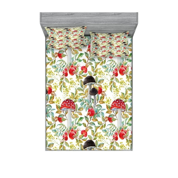Watercolor Fitted Sheet & Pillow Sham Set, Hand Drawn Dogrose Mushrooms Autumn Leaves Berries Amantias Nature Inspired, Decorative Printed 6 Piece Bedding Decor Set, Calking, Multicolor, by Ambesonne