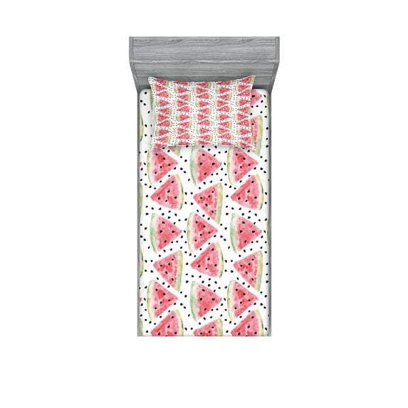 Watercolor Fitted Sheet & Pillow Sham Set, Pattern of Juicy Pieces Watermelon with Tropical Summer, Decorative Printed 4 Piece Bedding Decor Set, Twinxl, Coral Pale Green Black, by Ambesonne