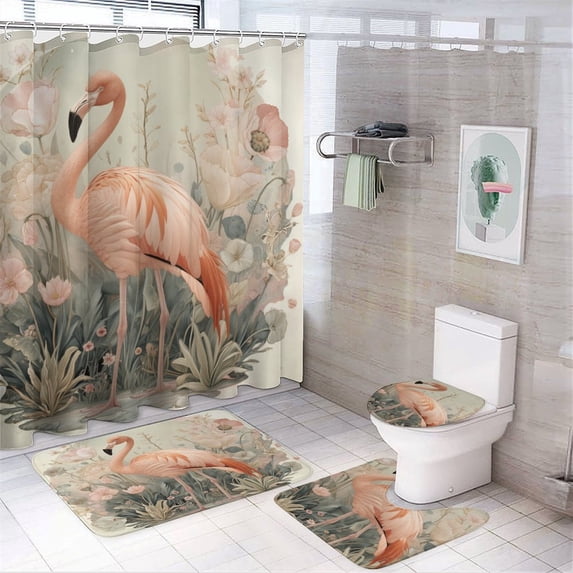 Watercolor Flamingo 4 Pcs Shower Curtain Sets with Non-Slip Rugs Toilet Lid Cover And Bath Mat Tropical Durable And Waterproof for Bathroom Decor Set
