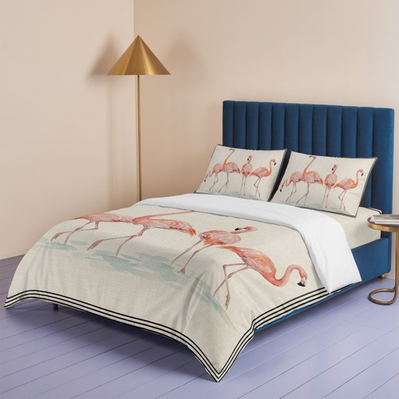 Watercolor Flamingo on Burlap Queen Size Bed Set,Farm Tropical Animals Bedding for All Seasons,4 Pcs Bed Set,1 Quiltcover (90"x90"),1 Sheet (90"x102"),2 Pillowcases (20"x30")