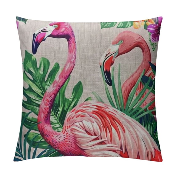 Watercolor Flamingo Throw Pillow Covers Cotton Linen Summer Tropical Green Palm Leaf Background Pillowcase Birds Square Home Sofa Outdoor Decor Cushion Cover
