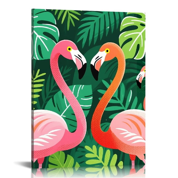 Watercolor Flamingo Tropical Green Pink Canvas Prints Wall Art for Living Room Bathroom Bedroom Office, Wall Decor for Bathroom, Canvas Print Home Decor