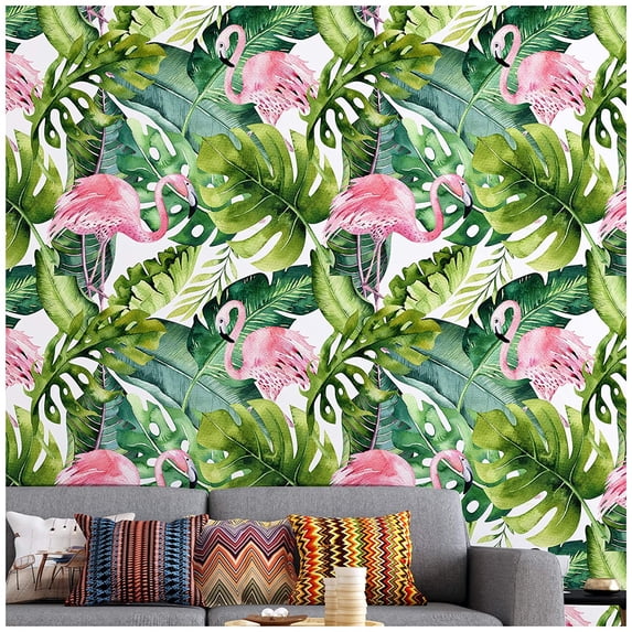 Watercolor Flamingo Tropical Peel and Stick Wallpaper Removable Green/Pink Vinyl Self Adhesive Shelf Liner 17.7in x 9.8ft