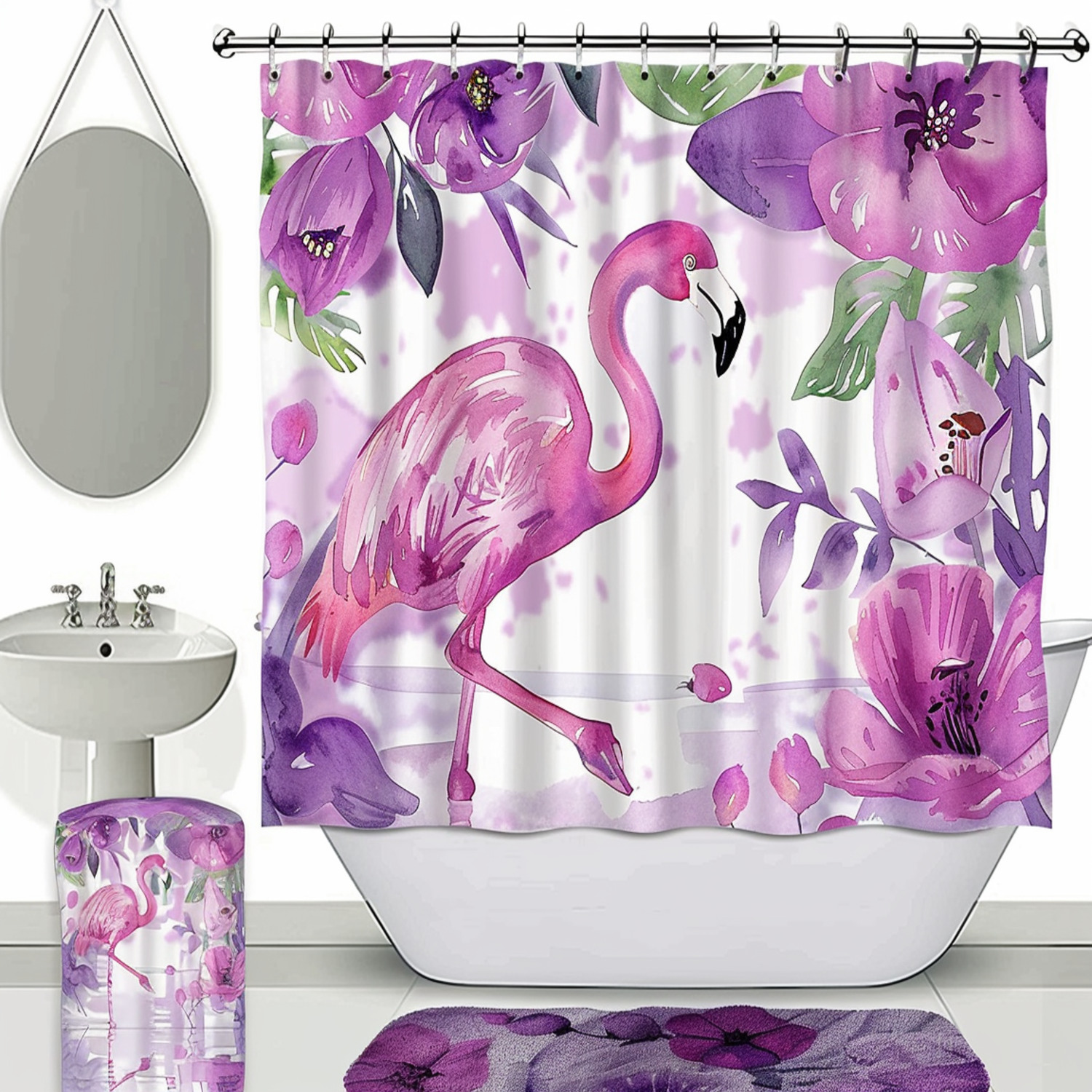 Watercolor Flamingo and Purple Flower Bathroom Set with Curtain on