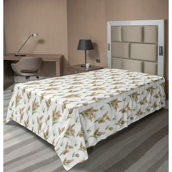 Ambesonne Watercolor Flat Bedding Sheet Soft Top Sheet, Exotic Print of Botany, Twin XL, Pale Brown Green and White