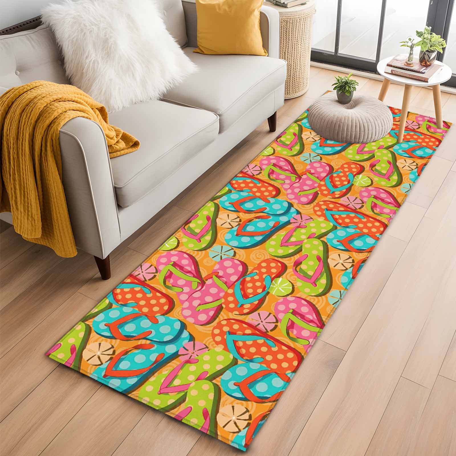 Watercolor Flip Flop 2'x6' Runner Rugs for Hallway Kitchen Bedside Non Slip Washable, Summer Coastal Beach Slippers Entryway Rug Runners with Rubber Backing, Long Carpet Runner for Laundry Room