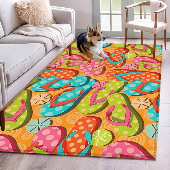 Watercolor Flip Flop Area Rugs 3'x5', Washable Small Throw Rugs for Living Room Bedroom, Summer Coastal Beach Slippers Indoor Outdoor Rug Non-Slip Low Pile Carpet Runner Reversible Floor Mats