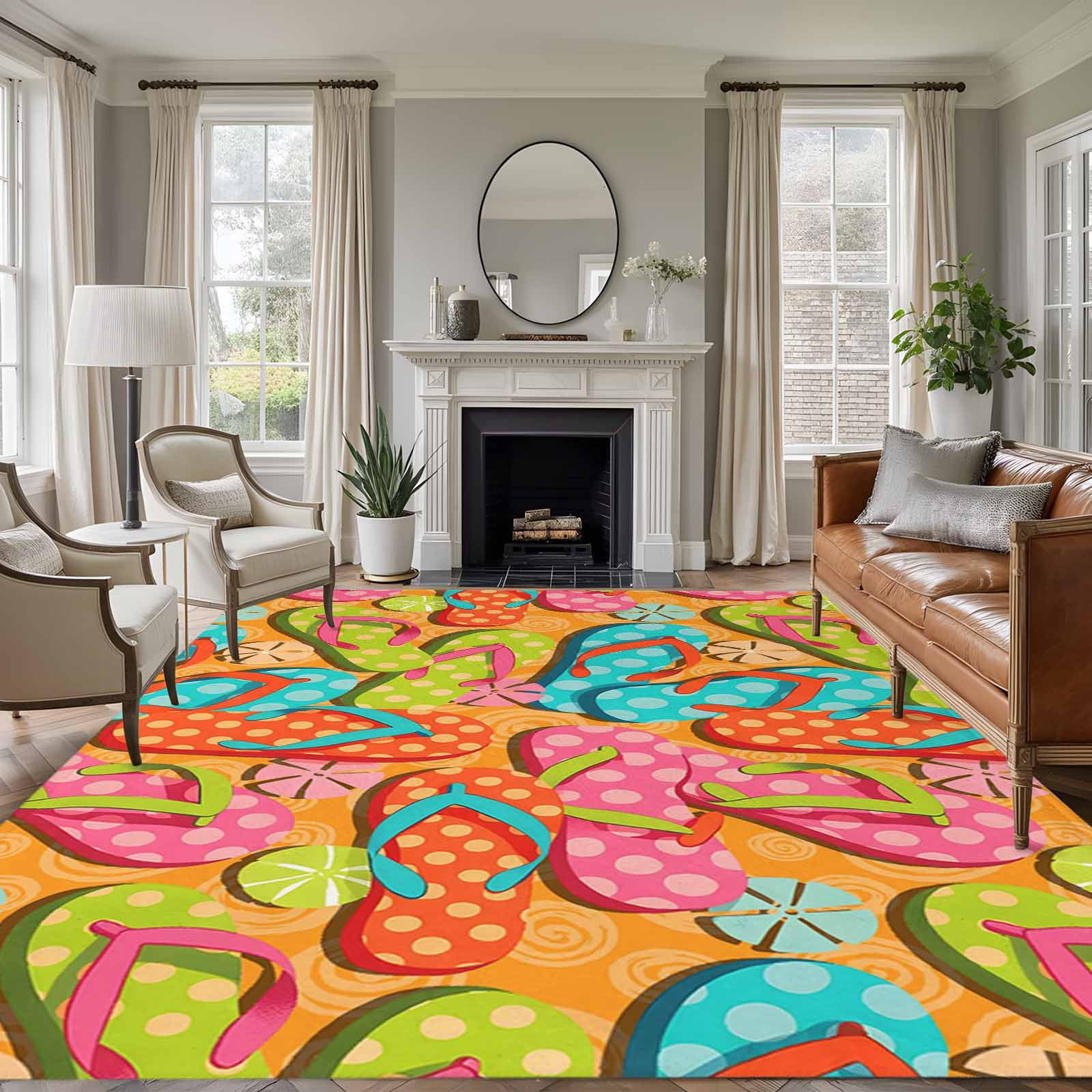 Watercolor Flip Flop Area Rugs 5'x7', Washable Small Throw Rugs for Laundry Room Playroom, Summer Coastal Beach Slippers Indoor Outdoor Rug Non-Slip Low Pile Carpet Runner Reversible Floor Mats