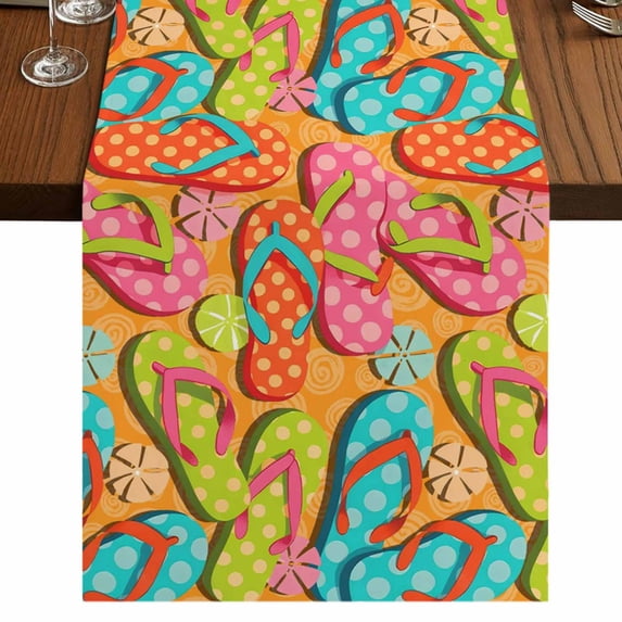 Watercolor Flip Flop Burlap Cotton Table Runner 13x48 Inches Long, Summer Coastal Beach Slippers Farmhouse Table Runners, Outdoor Dining Tablecloths Decor for Baby Shower/Party/Wedding