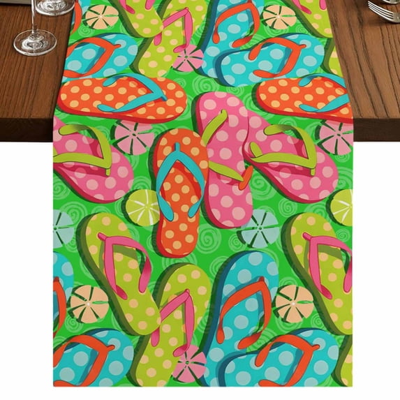 Watercolor Flip Flop Burlap Cotton Table Runner 14x72 Inches Long, Ocean Beach Slippers Summer Farmhouse Table Runners, Outdoor Dining Tablecloths Decor for Baby Shower/Party/Wedding