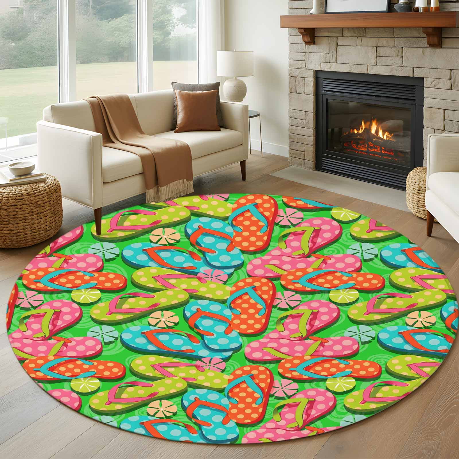 Watercolor Flip Flop Round Area Rug 8Ft Washable Large Circle Rugs for Living Room Dorm, Ocean Beach Slippers Summer Non-Slip Carpet Floor Mats Indoor Outdoor Carpet Runner Aesthetic Home Decor