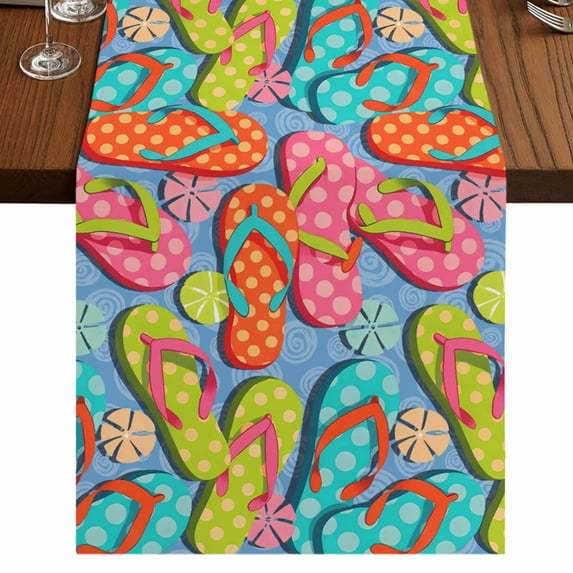 Watercolor Flip Flops Burlap Cotton Table Runner 13x90 Inches Long, Summer Ocean Beach Slippers Blue Farmhouse Table Runners, Outdoor Dining Tablecloths Decor for Baby Shower/Party/Wedding