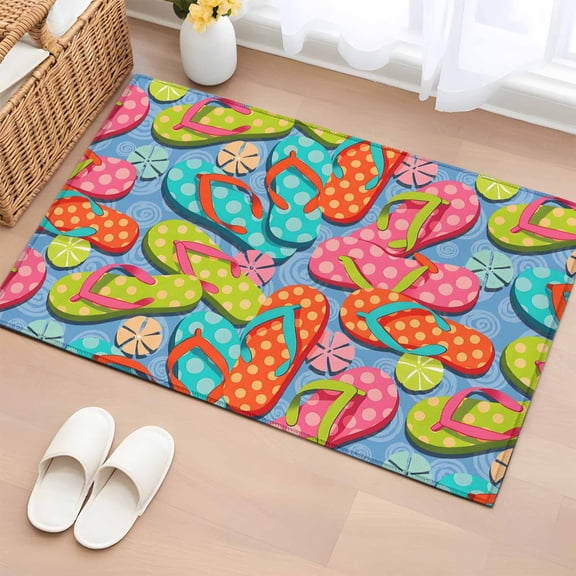 Watercolor Flip Flops Entryway Rug 2'x3' Non Slip Front Door Mats, Summer Ocean Beach Slippers Blue Entrance Rugs Indoor Outdoor Carpet, Washable Floor Mats Small Area Rug for Bedroom Kitchen