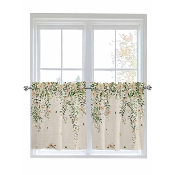 Watercolor Floral 2 Panel Kitchen Curtains for Small Windows, Spring Leaves Flowers Botanical Beige Bathroom Tier Curtain, Short Window Treatment for Bedroom/Living Room 55"x36"