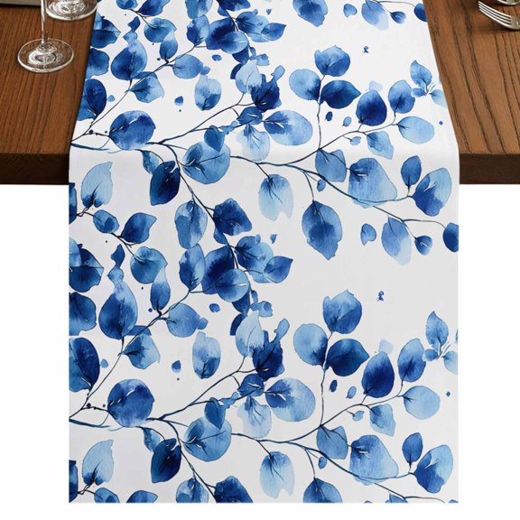 Watercolor Floral 36 Inch Table Runner, Blue Verdant Flower Patterns Farmhouse Dresser Scarf Cotton & Linen Tablerunner for Dining/Kitchen Island/Holiday Party Décor Small 13" x 36"