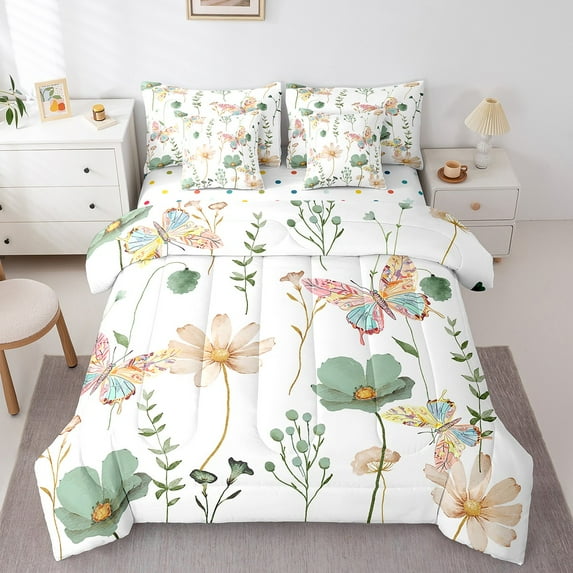 Watercolor Floral 7 Piece Bedding Sets King,Sage Green Beige Flower Butterfly Comforter Set Teens Adult Women Bedroom,Rustic Farmhouse Bed In A Bag Pastoral Branches Aesthetic Sheet Set