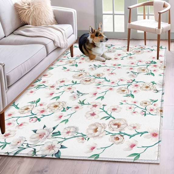 Watercolor Floral Area Rugs 4'x6', Washable Small Throw Rugs for Office Bathroom, Spring Botanical Flowers Tree Branches Indoor Outdoor Rug Non-Slip Low Pile Carpet Runner Reversible Floor Mats