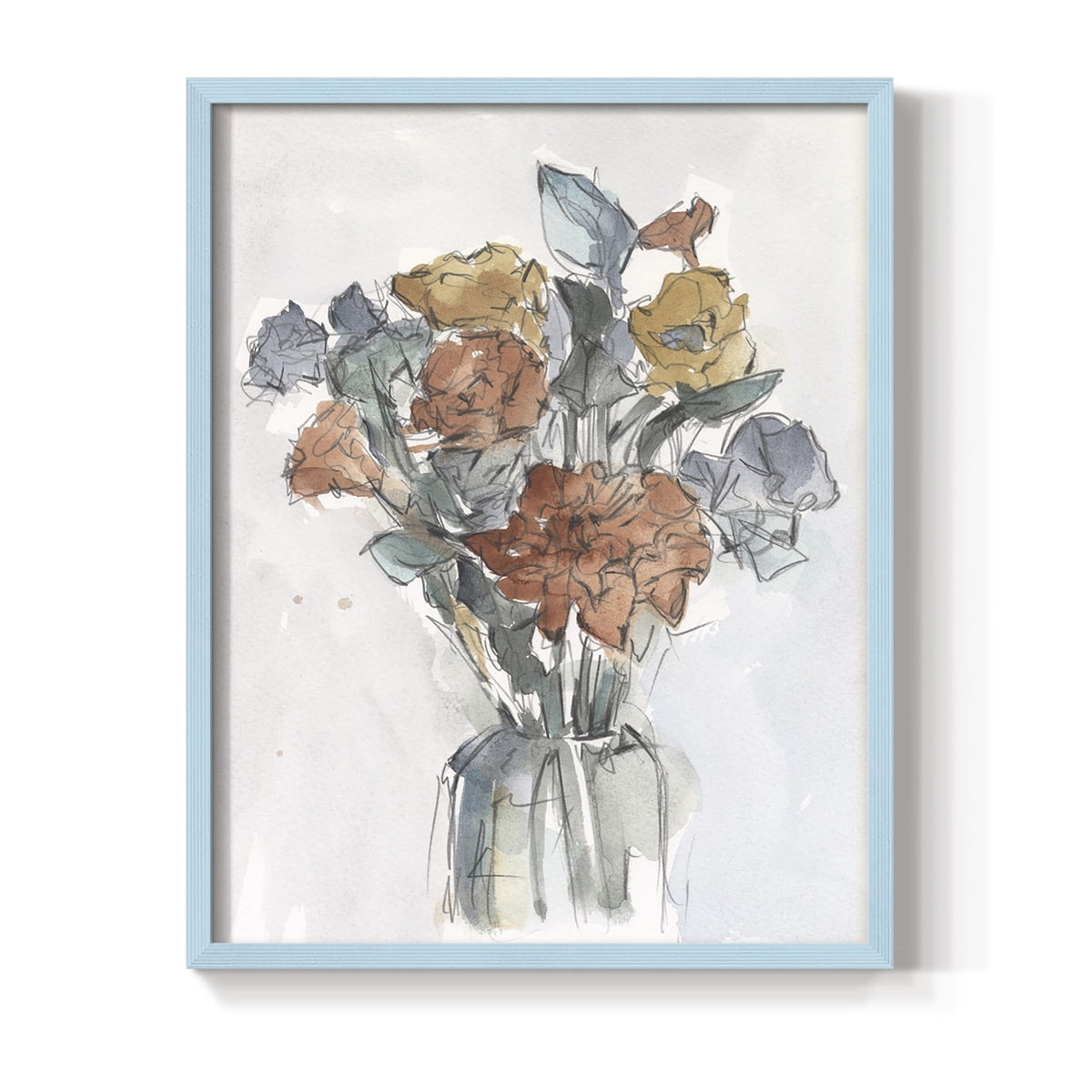 Watercolor Floral Arrangement I Framed Print in Blue Solid Wood 8 x 10 Framed Print
