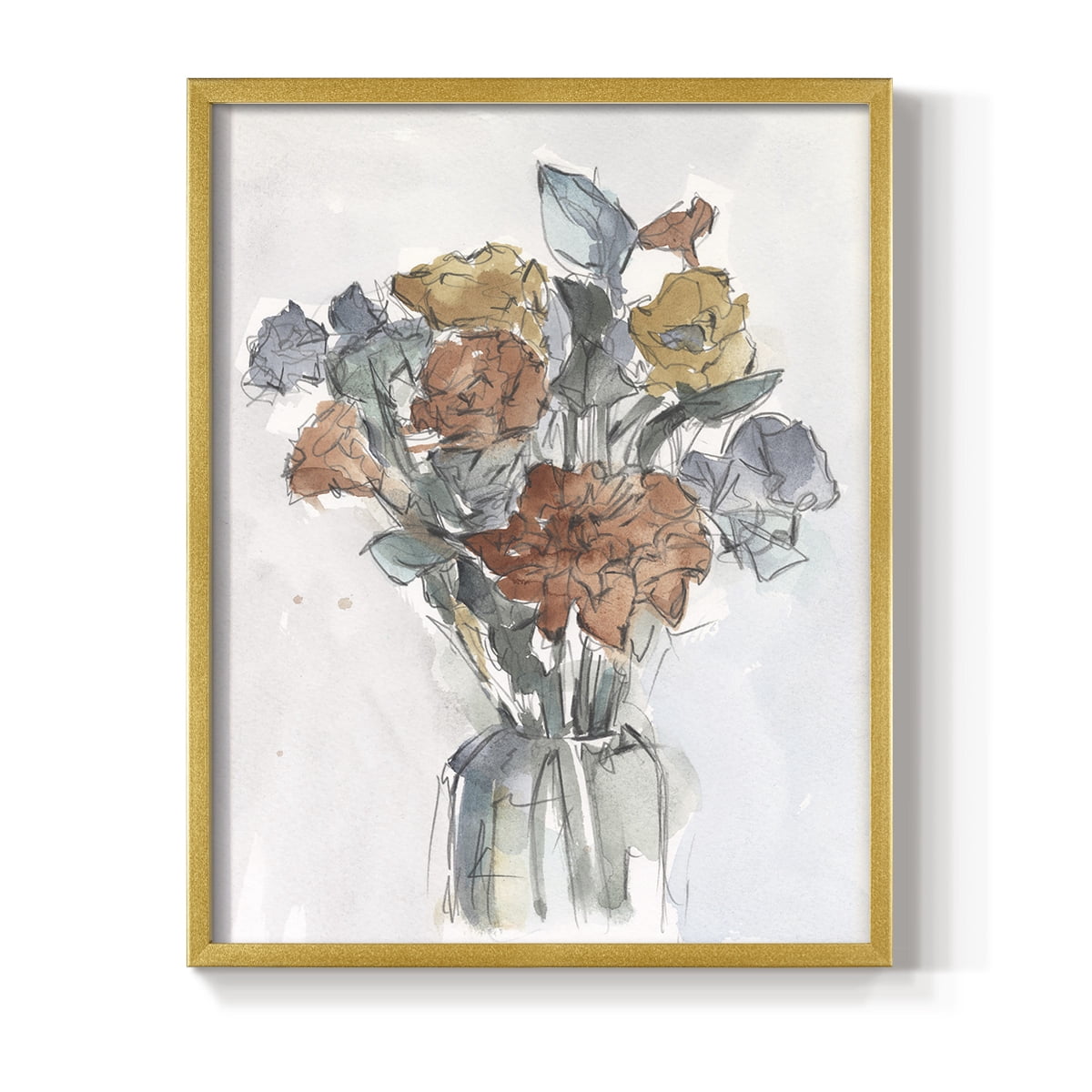 Watercolor Floral Arrangement I Framed Print in Gold Solid Wood 11 x 14 Framed Print