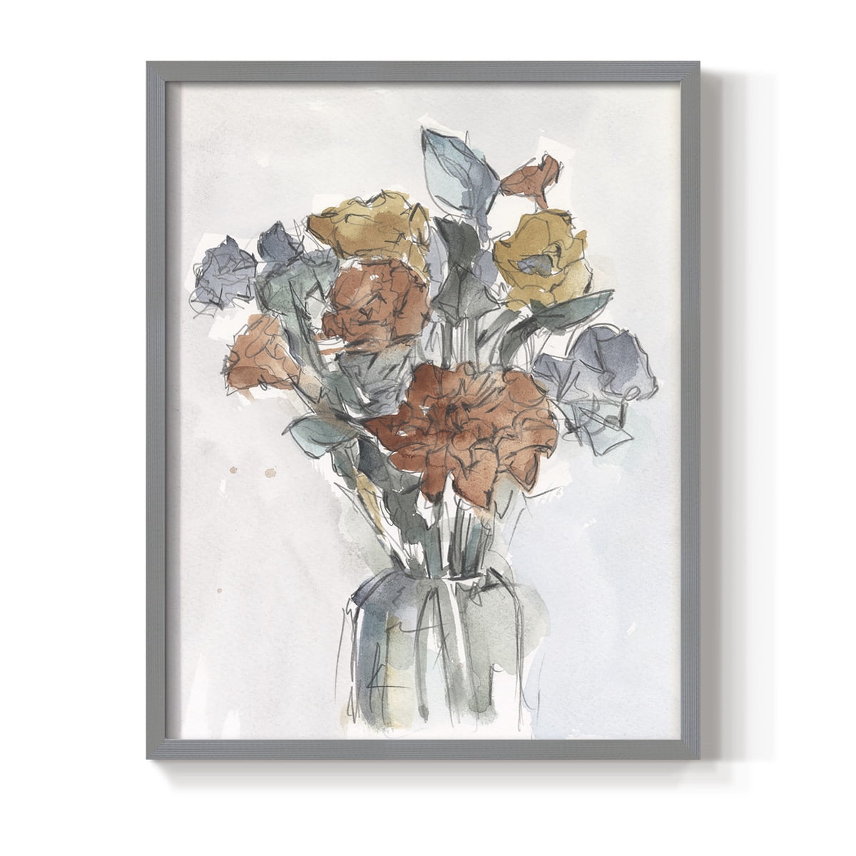 Watercolor Floral Arrangement I Framed Print in Gray Solid Wood 16 x 20 Framed Print