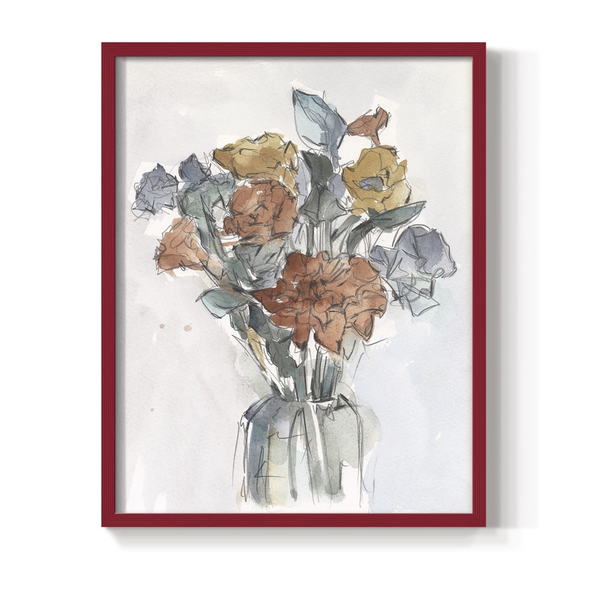 Watercolor Floral Arrangement I Framed Print in Red Solid Wood 8 x 10 Framed Print