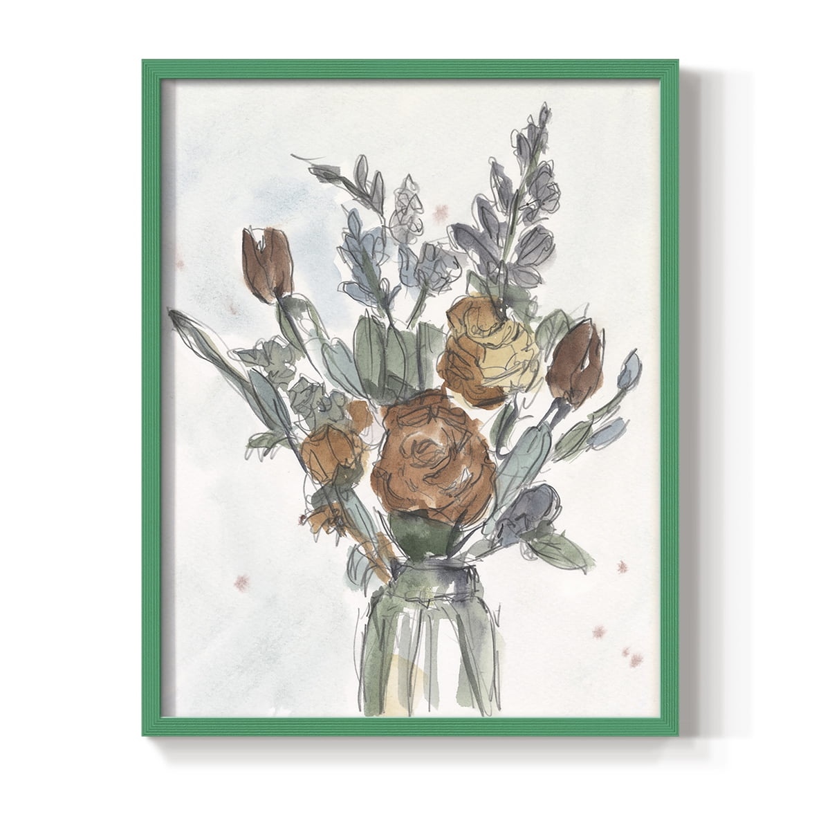 Watercolor Floral Arrangement II Framed Print in Green Solid Wood 11 x 14 Framed Print