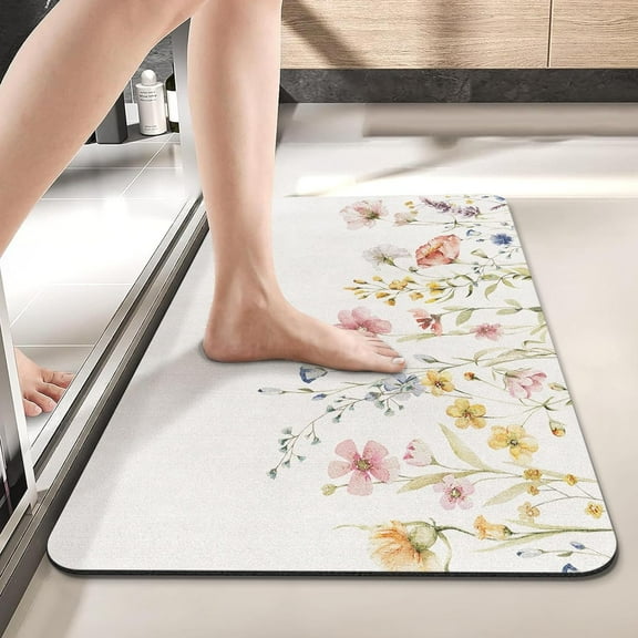 Watercolor Floral Bath Mat for Bathroom, Spring Green Leaves and Wildflowers Quick Dry and Super Absorbent Bath Mat Rugs, Non Slip Rubber Backing Floor Mat 17x30 Inches for Bedroom Indoor