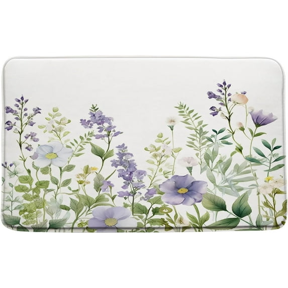 Watercolor Floral Bath Mat Blossom Purple Wisteria Flower Vine Green Leaves Botanical Nature Plant Bathroom Kitchen Rugs,17.8x29.5 Inch