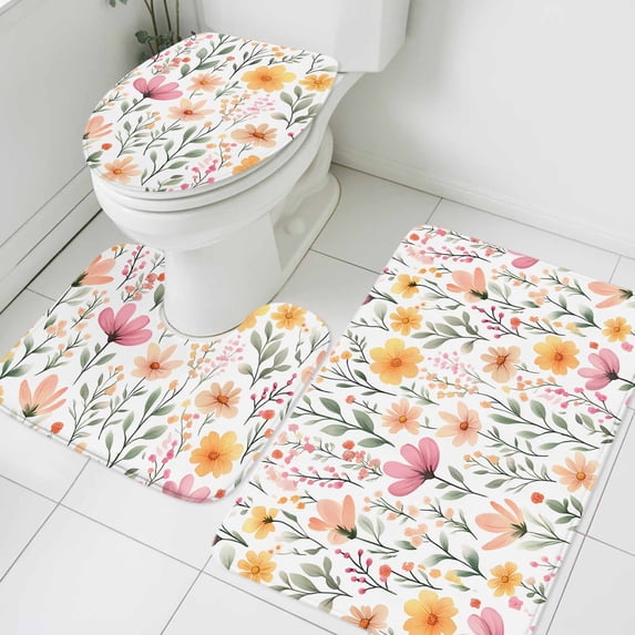 Watercolor Floral Bathroom Rugs Set Light Pink Wildflowers Leaves Botanical Non Slip Absorbent Soft Bath Mats 3 Piece Set with Bathroom Rug, U-Shaped Floor Mat, Toilet Seat Cover Small Size