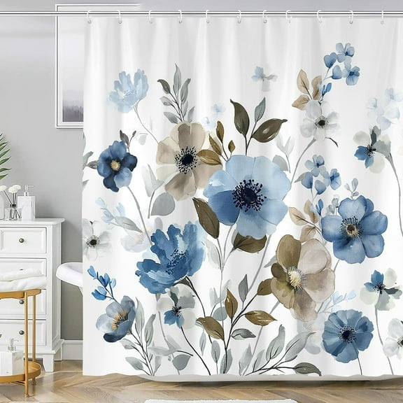 Watercolor Floral Bathroom Shower Curtains, Blue and Tan Flowers Ink Botanical Bathroom Decor Shower Curtain Set, Waterproof Polyester Fabric Bathroom Curtain with 12 Hooks, 72 x 72 inch