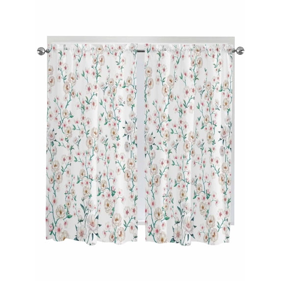 Watercolor Floral Bathroom Window Curtain, Spring Botanical Flowers Tree Branches Light Filtering Coffee Kitchen Curtains, Bedroom Living Room Curtains 2 Panel 84"x63"