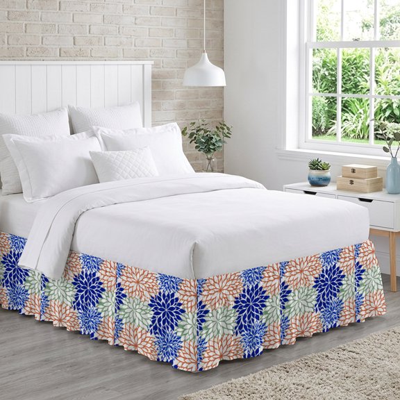 Watercolor Floral Bed Skirt California King Size 18 Inch Drop, Coastal Green Peach Blue Flower Adjustable Elastic Dust Ruffles Bedskirt Wrap Around Pleated Mattress Frame Cover
