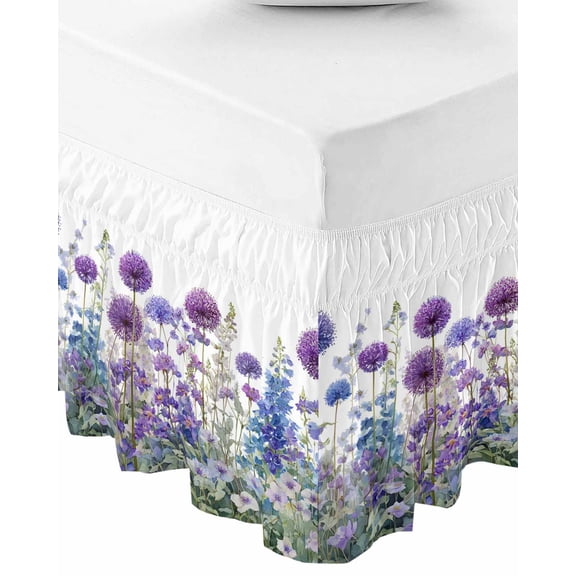 Watercolor Floral Bed Skirt King Size 16 Inch Drop, Wrap Around Bed Skirts, Spring Garden Onion Flowers Lavender Plants Elastic Bedskirt Pleated Bed Frame Cover Luxurious Dust Ruffle for King Bed