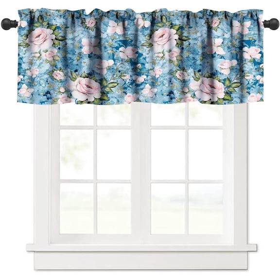 Watercolor Floral Blackout Window Valance Gray Blue and Pink Peony Flower Blossom Thermal Insulated Printed Curtains Valance for Kitchen Living Room Cafe 54x18inch