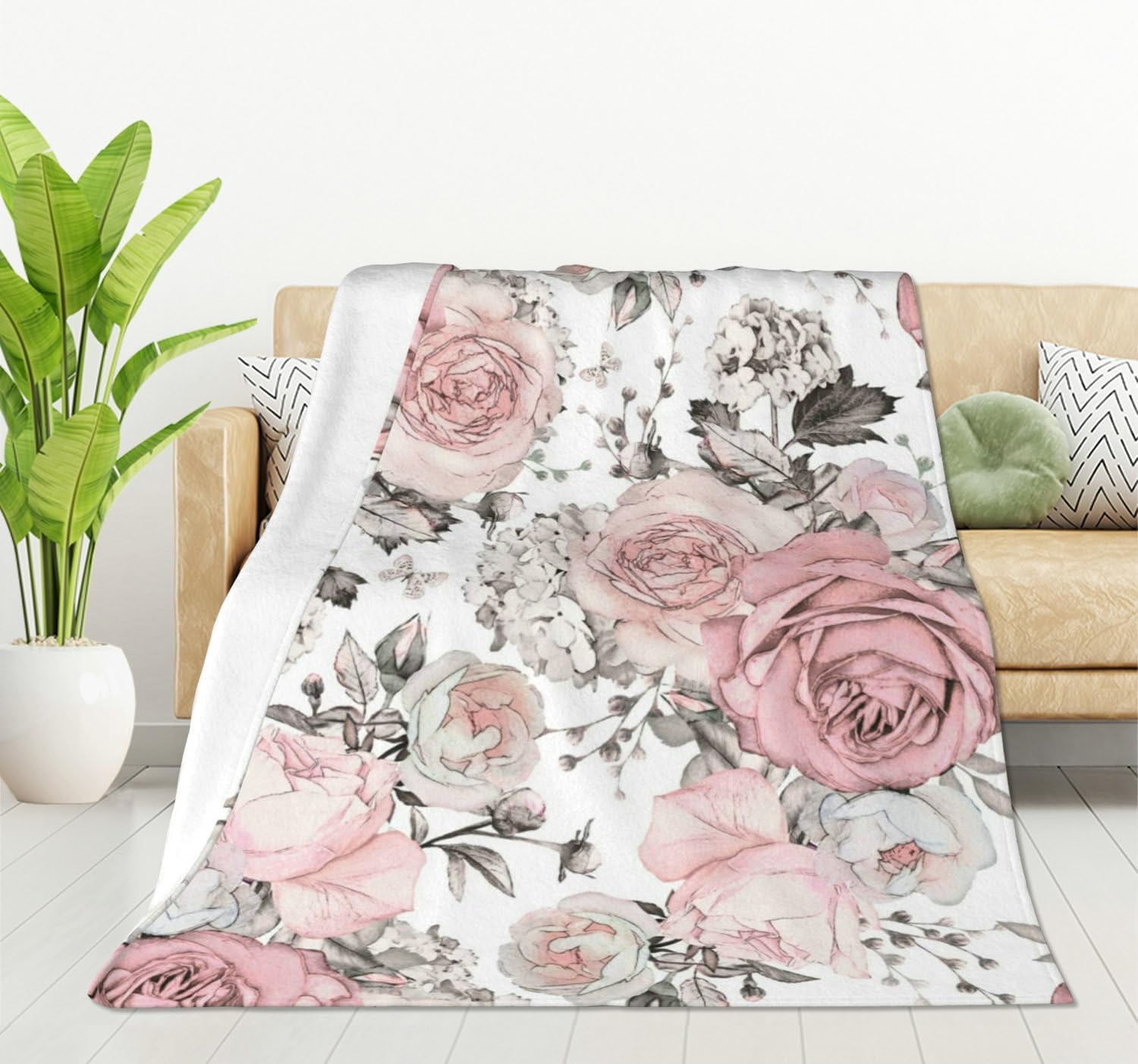Watercolor Pink Rose Floral Blanket