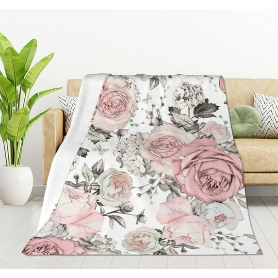 Watercolor Floral Blanket, Super Soft Pink Flowers and Leaves Throw Blanket 40"x50" Blanket for Bed Couch Chair Fall Winter Camping Living Room Office Gift