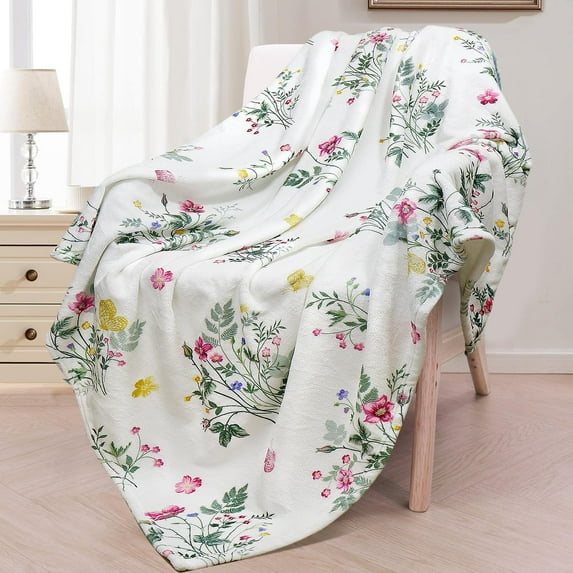 Watercolor Floral Blanket Wildflower Butterfly Throw Blanket Green Leaf Blanket Super Soft Flannel Fleece Throw Blanket Gifts for Woman Couch Bed “50 x 60”