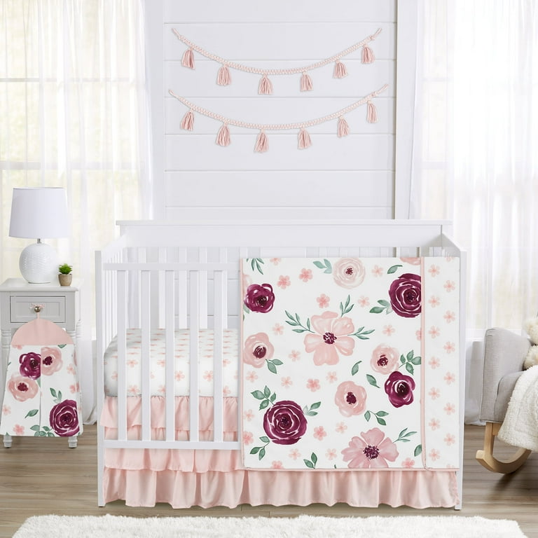 Sweet Jojo Designs Watercolor Floral Burgundy Pink and White 4 Piece Crib Bedding Set Walmart