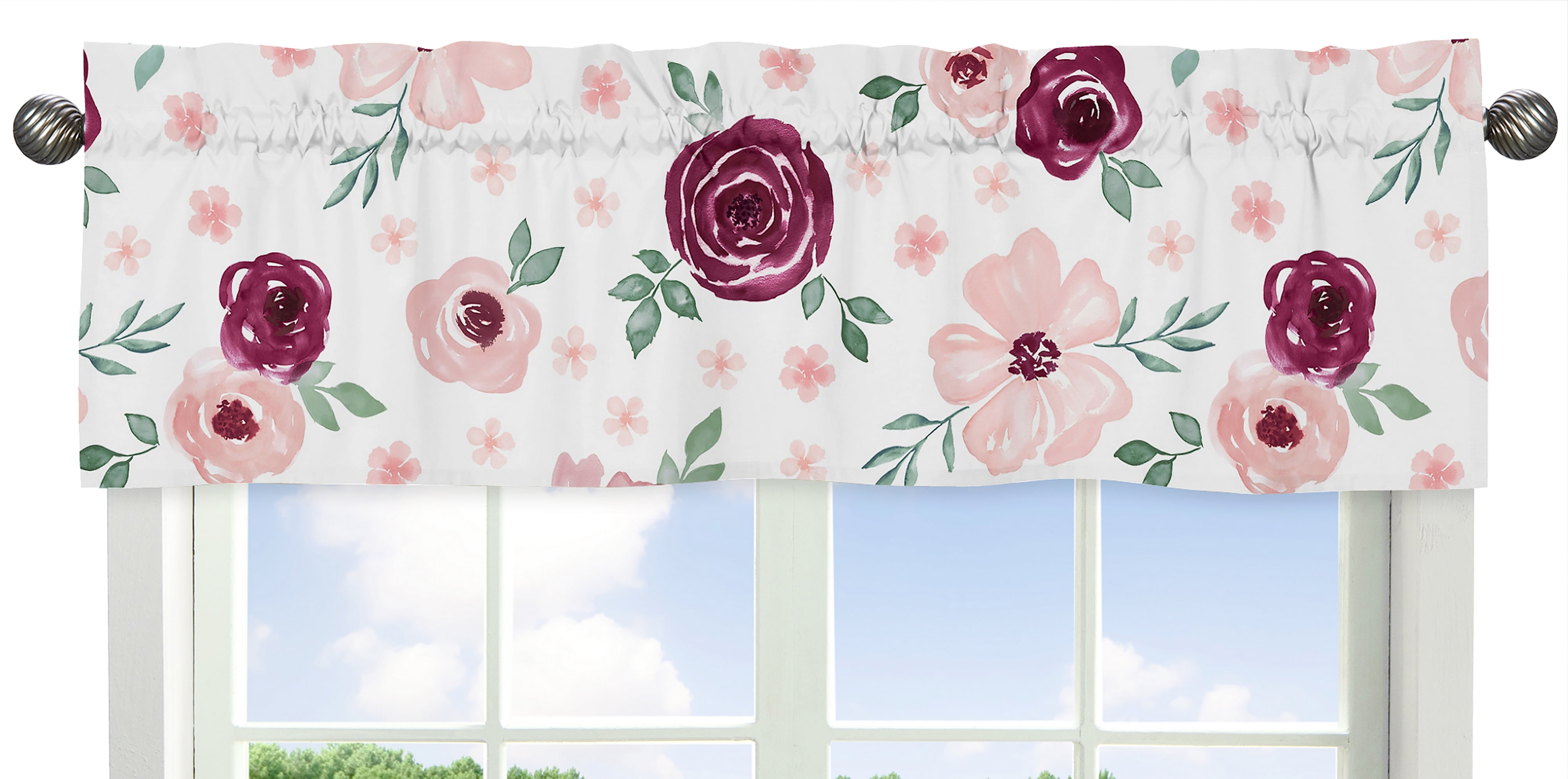 Floral Watercolor Burgundy and Pink Microfiber Window Valance